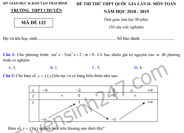 Đề thi thử – đáp án THPTQG môn Toán Chuyên Thái Bình 2019 lần 2