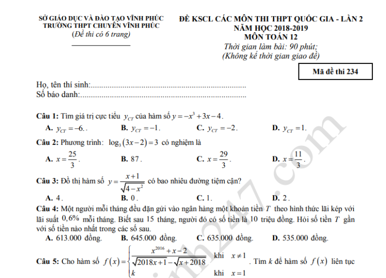 Đề thi thử THPT quốc gia 2019 môn Toán lần 2 THPT chuyên Vĩnh Phúc