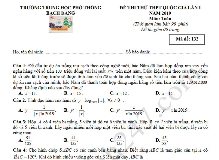 Đáp án – đề thi thi thử THPT Quốc gia môn Toán THPT Bạch Đằng 2019 lần 1