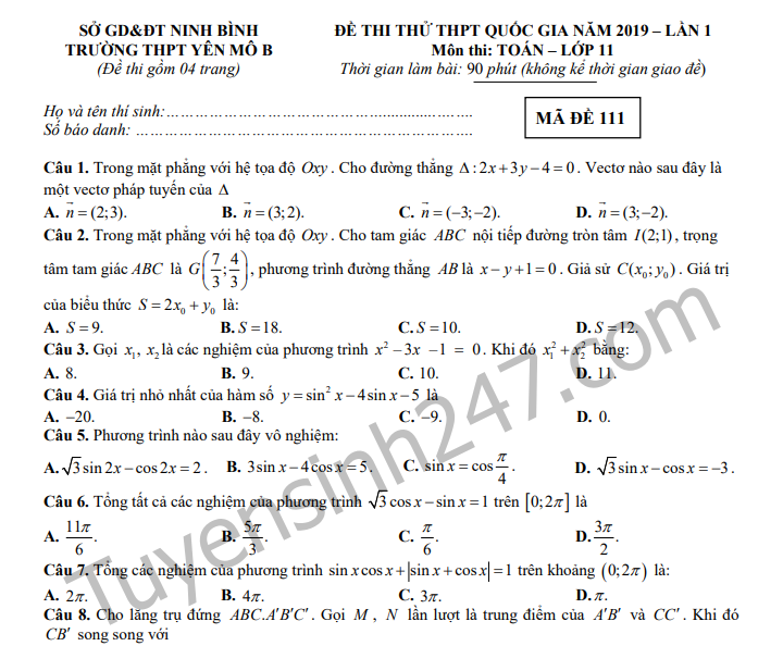 Đề thi thử THPTQG môn Toán THPT Yên Mô B 2019 lần 1