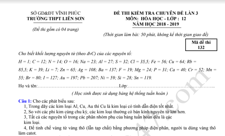 Đáp án – đề thi thử THPTQG môn Hóa THPT Liễn Sơn lần 3 năm 2019