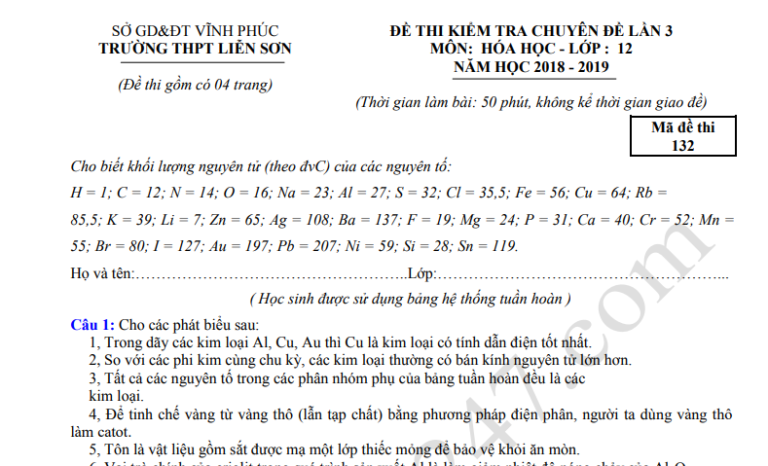 Đề thi thử THPTQG môn Hóa THPT Liễn Sơn lần 3 năm 2019