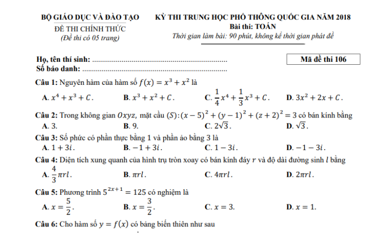 Đáp án – đề thi chính thức môn Toán kì thi THPTQG 2018 (mã đề 106)