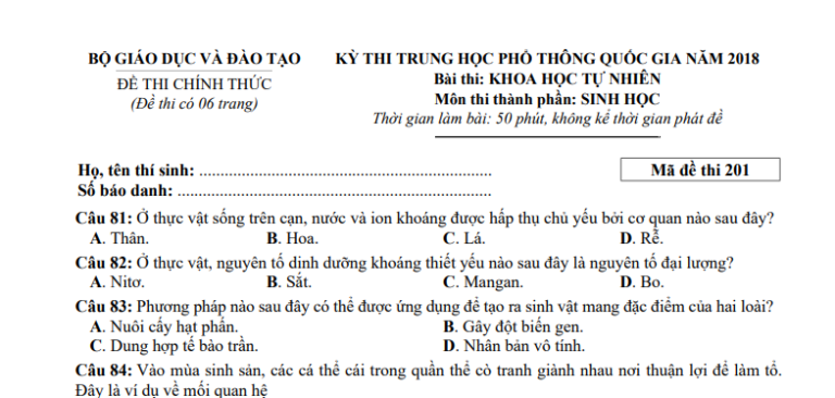 Đáp án – đề thi chính thức môn Sinh học kì thi THPTQG 2018 (mã đề 201)