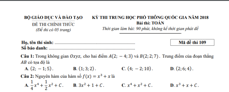 Đáp án – đề thi chính thức môn Toán kì thi THPTQG 2018 (mã đề 109)