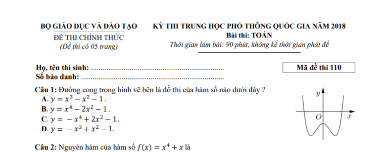 Đáp án – đề thi chính thức môn Toán kì thi THPTQG 2018 (mã đề 110)