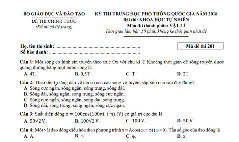 Đáp án – đề thi chính thức môn Vật lý kì thi THPTQG 2018 (mã đề 201)