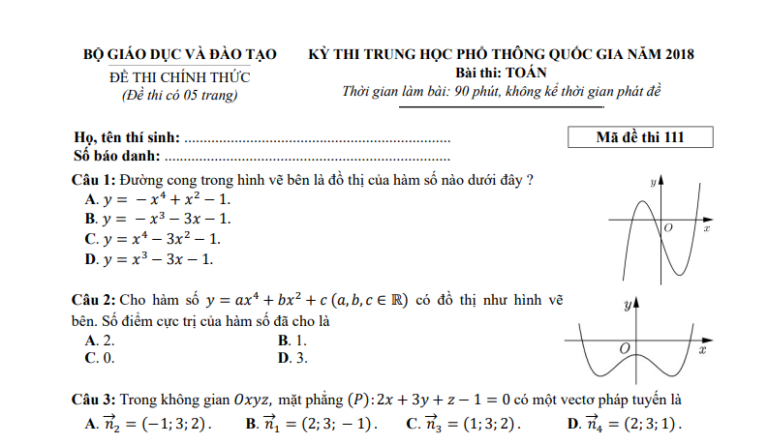 Đáp án – đề thi chính thức môn Toán kì thi THPTQG 2018 (mã đề 111)