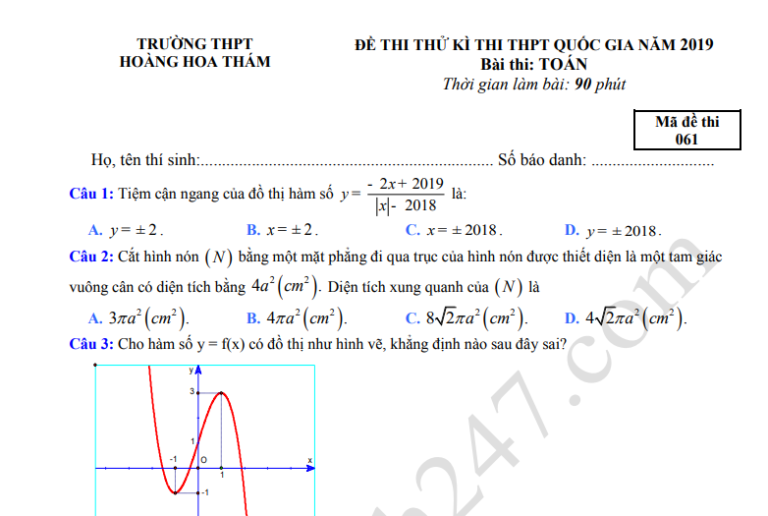 Đáp án – đề thi thử THPTQG môn Toán THPT Hoàng Hoa Thám 2019