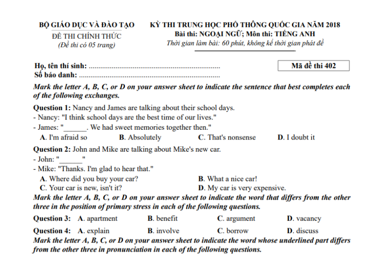 Đáp án – đề thi chính thức môn Tiếng Anh kì thi THPTQG 2018 (mã đề 402)