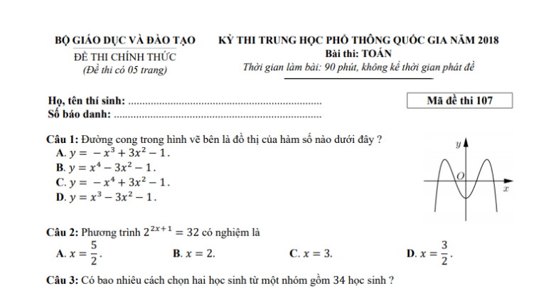 Đáp án – đề thi chính thức môn Toán kì thi THPTQG 2018 (mã đề 107)