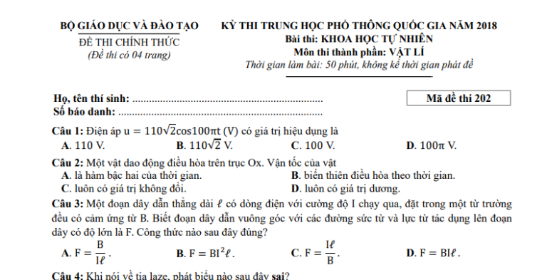 Đáp án – đề thi chính thức môn Vật lý kì thi THPTQG 2018 (mã đề 202)