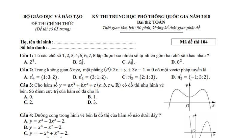 Đáp án – đề thi chính thức môn Toán kì thi THPTQG 2018 (mã đề 104)