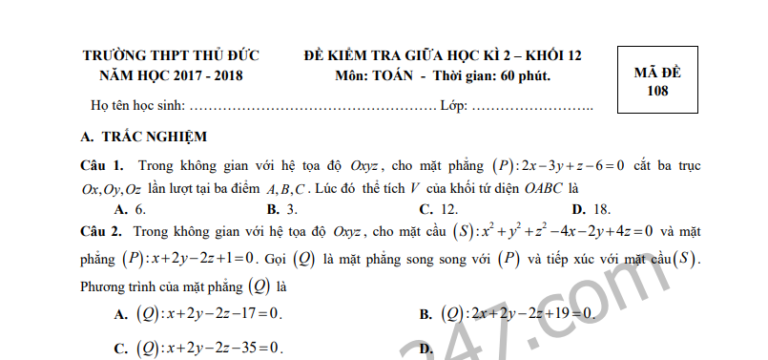 Đề thi – đáp án giữa kì 2 lớp 12 môn Toán THPT Thủ Đức 2018