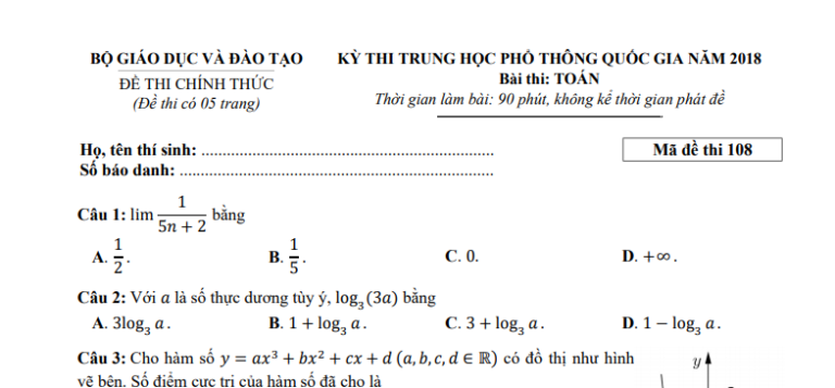 Đáp án – đề thi chính thức môn Toán kì thi THPTQG 2018 (mã đề 108)