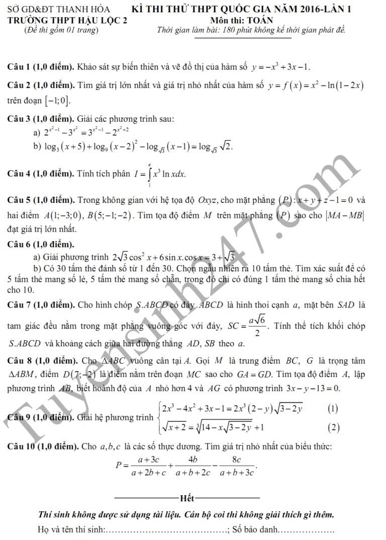 Đề thi thử THPT Quốc gia môn Toán THPT Hậu Lộc Lần 1 năm 2016
