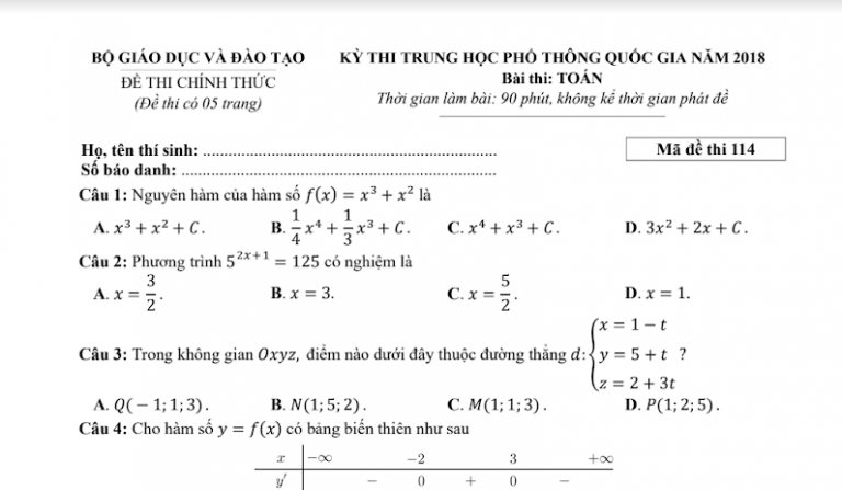 Đáp án – đề thi chính thức môn Toán kì thi THPTQG 2018 (mã đề 114)