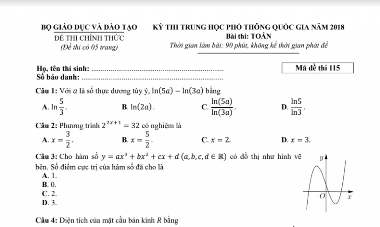 Đáp án – đề thi chính thức môn Toán kì thi THPTQG 2018 (mã đề 115)