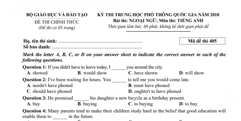 Đáp án – đề thi chính thức môn Tiếng Anh kì thi THPTQG 2018 (mã đề 405)