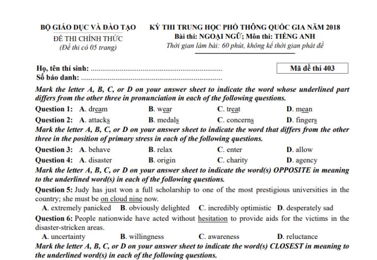 Đáp án – đề thi chính thức môn Tiếng Anh kì thi THPTQG 2018 (mã đề 403)