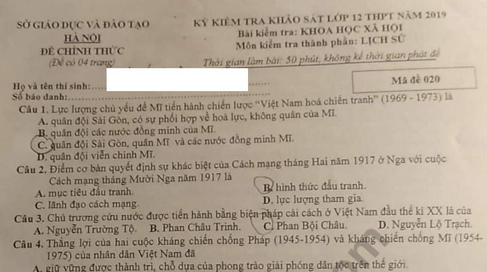 Đáp án đề thi thử môn Sử Sở GD Hà Nội THPT Quốc gia 2019