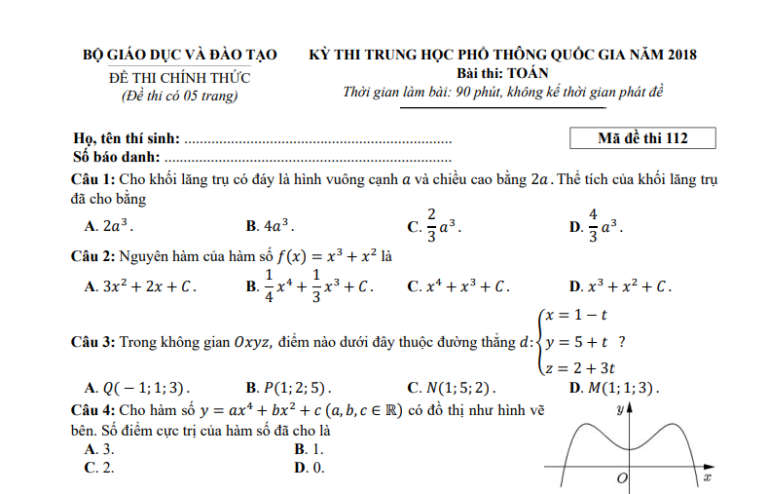 Đáp án – đề thi chính thức môn Toán kì thi THPTQG 2018 (mã đề 112)