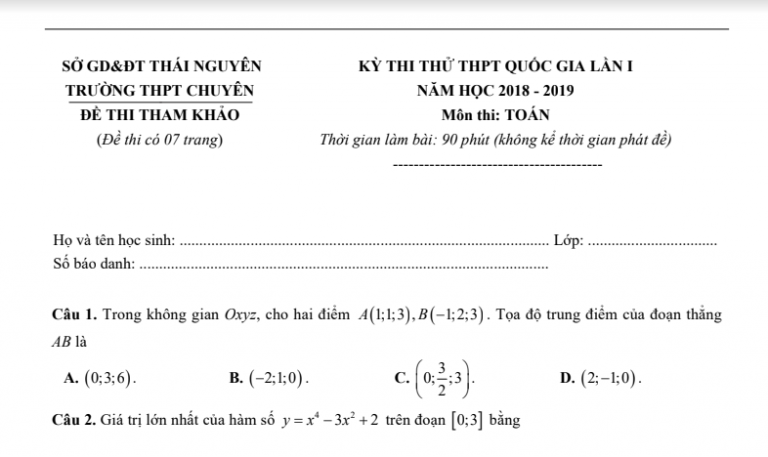 Đáp án – đề thi thử THPT Quốc gia 2019 môn Toán lần 1 trường THPT chuyên Thái Nguyên