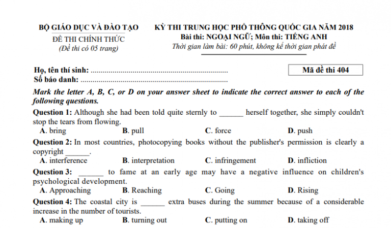 Đáp án – đề thi chính thức môn Tiếng Anh kì thi THPTQG 2018 (mã đề 404)