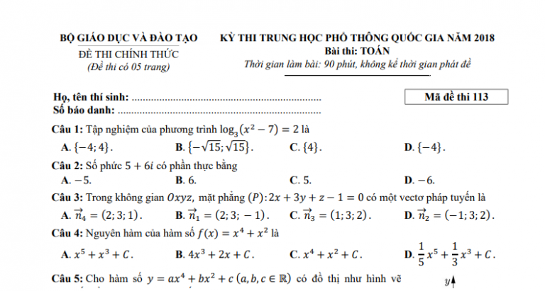 Đáp án – đề thi chính thức môn Toán kì thi THPTQG 2018 (mã đề 113)