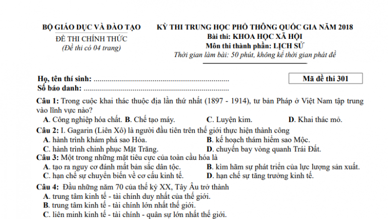 Đáp án – đề thi chính thức môn Lịch sử kì thi THPTQG 2018 (mã đề 301)