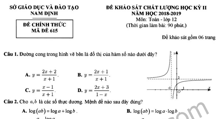 Đáp án – đề thi kì 2 lớp 12 môn Toán 2019 – Sở GD Nam Định