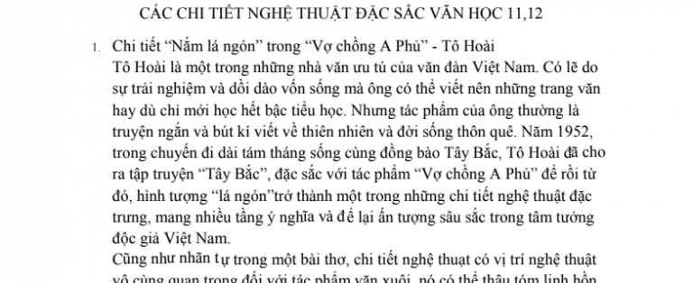 CÁC CHI TIẾT NGHỆ THUẬT ĐẶC SẮC VĂN HỌC 11,12