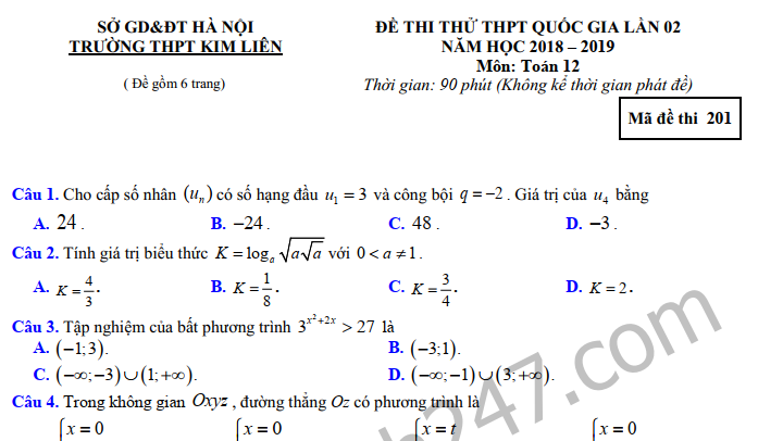 Đề thi thử THPTQG môn Toán 2019 THPT Kim Liên lần 2