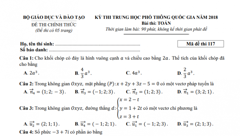 Đáp án – đề thi chính thức môn Toán kì thi THPTQG 2018 (mã đề 117)