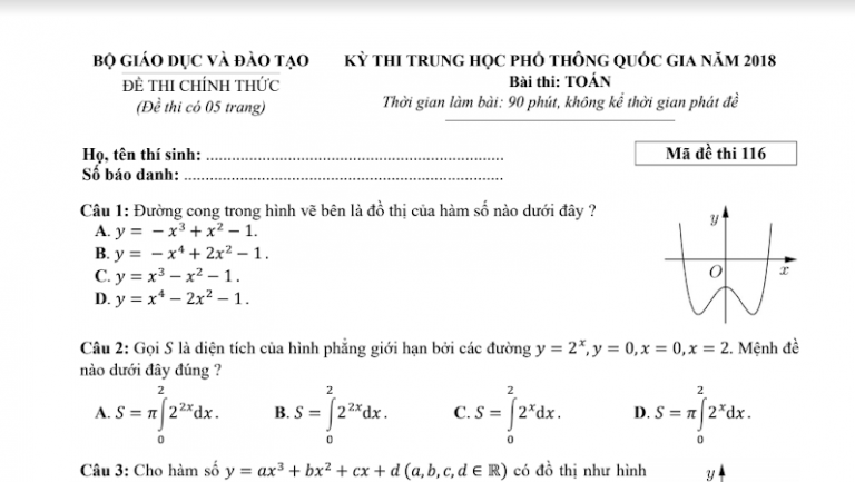 Đáp án – đề thi chính thức môn Toán kì thi THPTQG 2018 (mã đề 116)