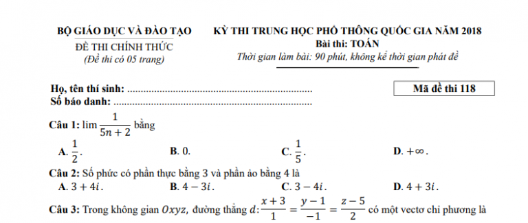 Đáp án – đề thi chính thức môn Toán kì thi THPTQG 2018 (mã đề 118)