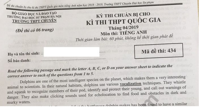 Đáp án – đề thi thử THPTQG 2019 môn Anh – Chuyên ĐH Sư Phạm Hà Nội lần 3