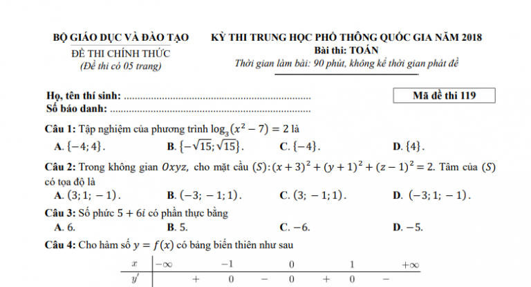 Đáp án – đề thi chính thức môn Toán kì thi THPTQG 2018 (mã đề 119)