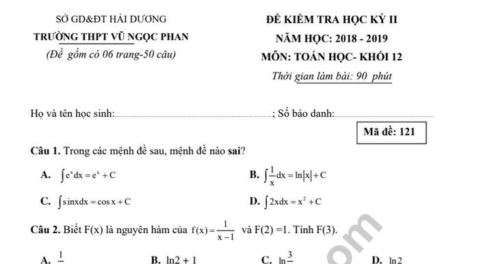 Đáp án – đề thi môn Toán kì 2 lớp 12 – THPT Vũ Ngọc Phan năm 2019