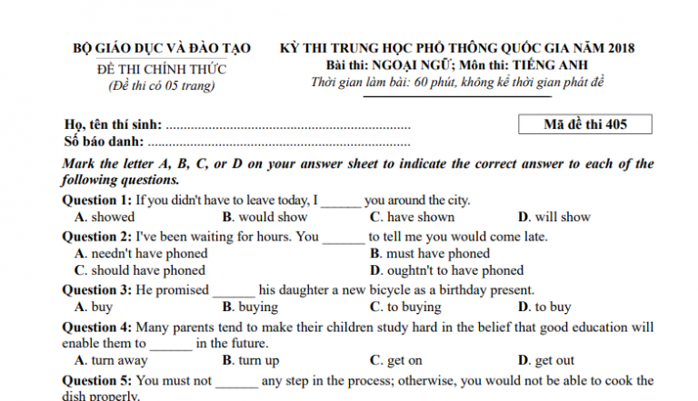 Đáp án – đề thi chính thức môn Tiếng Anh kì thi THPTQG 2018 (mã đề 405)