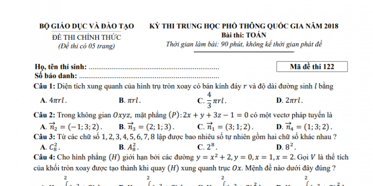 Đáp án – đề thi chính thức môn Toán kì thi THPTQG 2018 (mã đề 122)