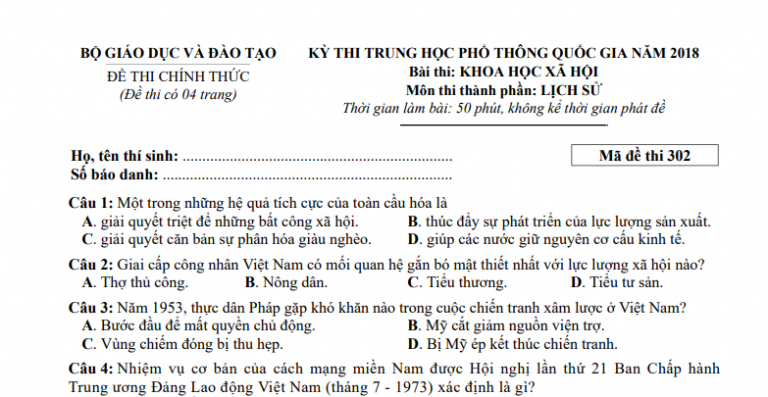 Đáp án – đề thi chính thức môn Lịch sử kì thi THPTQG 2018 (mã đề 302)