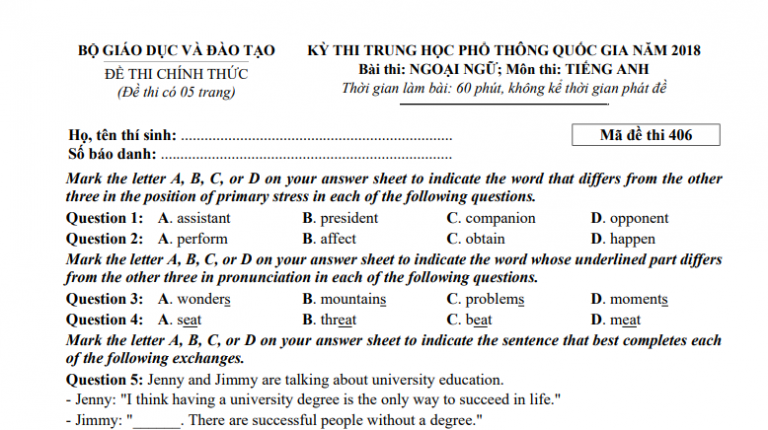 Đáp án – đề thi chính thức môn Tiếng Anh kì thi THPTQG 2018 (mã đề 406)