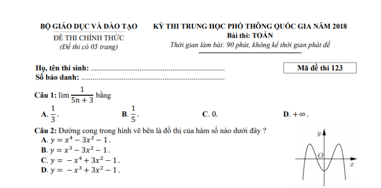 Đáp án – đề thi chính thức môn Toán kì thi THPTQG 2018 (mã đề 123)