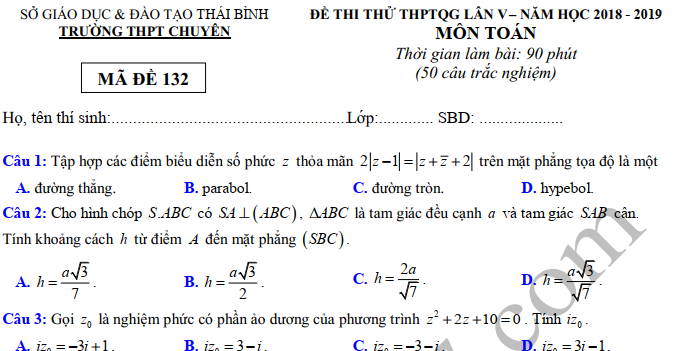 Đề thi thử THPTQG môn Toán 2019 – Chuyên Thái Bình lần 5