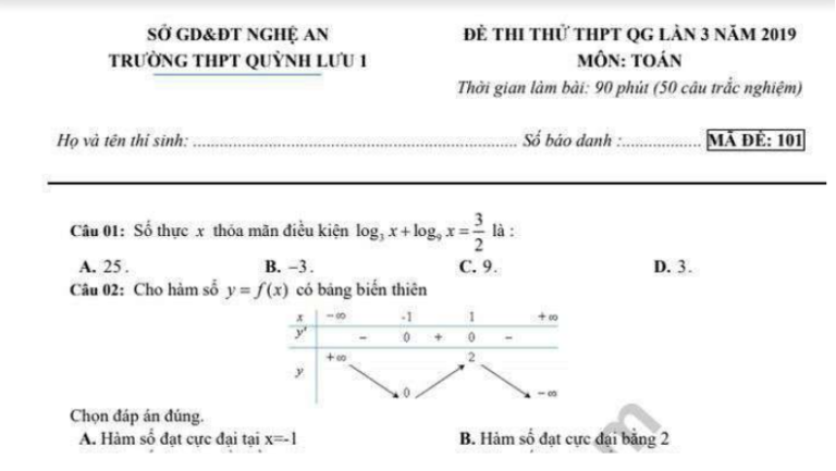 Đề thi thử THPT quốc gia 2019 môn Toán THPT Quỳnh Lưu 1 lần 3 kèm đáp án