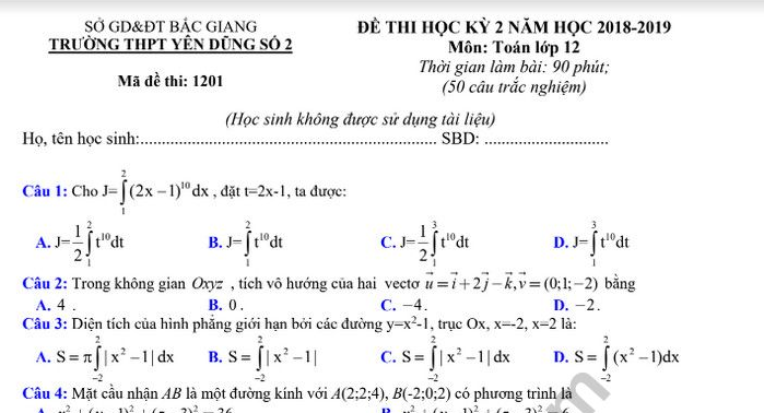 Đề thi học kì 2 lớp 12 môn Toán trường THPT Yên Dũng Số 2 năm 2019