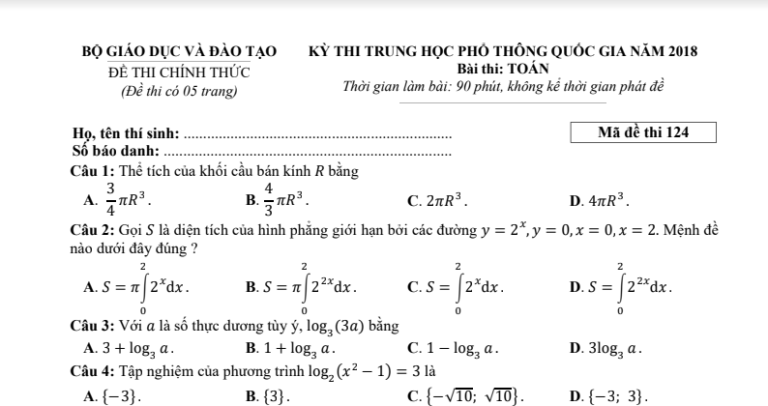 Đáp án – đề thi chính thức môn Toán kì thi THPTQG 2018 (mã đề 124)