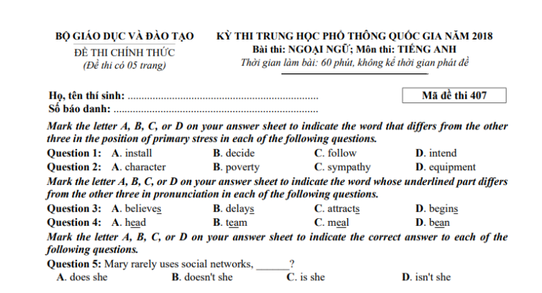 Đáp án – đề thi chính thức môn Tiếng Anh kì thi THPTQG 2018 (mã đề 407)