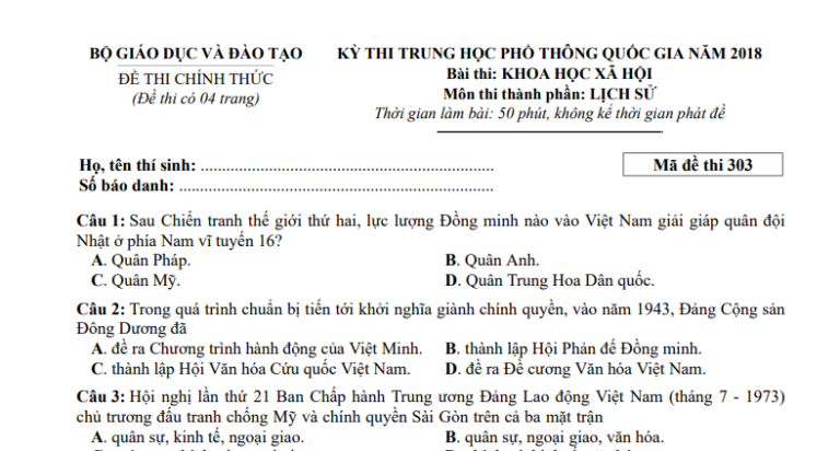 Đáp án – đề thi chính thức môn Lịch sử kì thi THPTQG 2018 (mã đề 303)